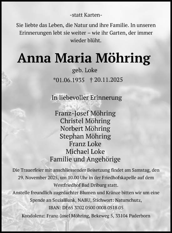 Traueranzeige von Anna Maria Möhring von Neue Westfälische und Westfalen-Blatt