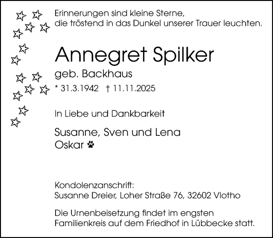 Traueranzeige von Annegret Spilker von Neue Westfälische und Westfalen-Blatt