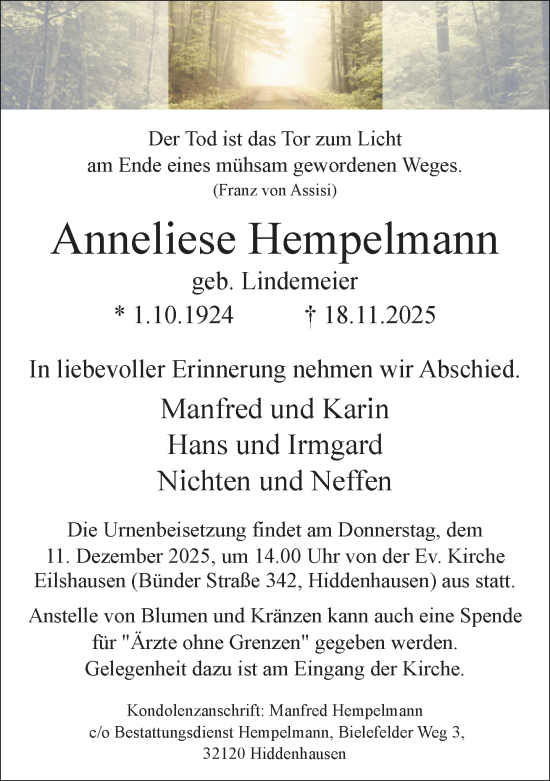 Traueranzeige von Anneliese Hempelmann von Neue Westfälische und Westfalen-Blatt