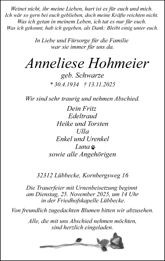 Traueranzeige von Anneliese Hohmeier von Neue Westfälische und Westfalen-Blatt