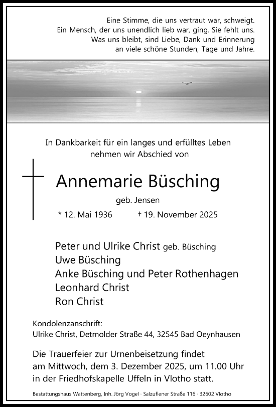 Traueranzeige von Annemarie Büsching von Neue Westfälische und Westfalen-Blatt
