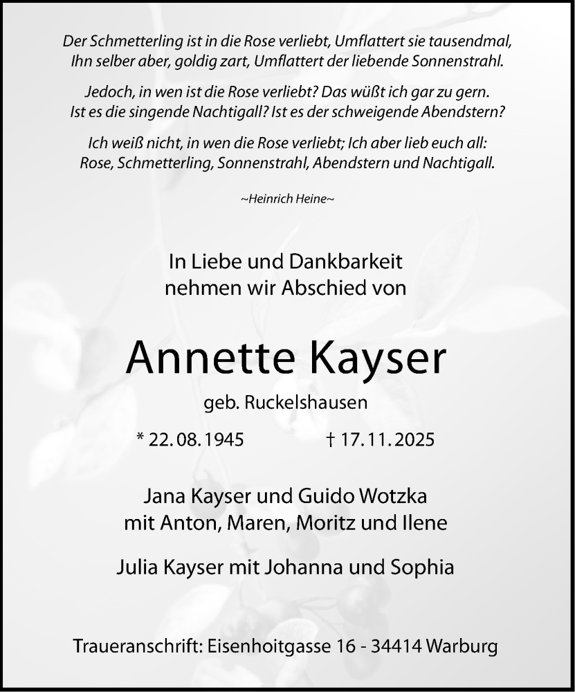  Traueranzeige für Annette Kayser vom 22.11.2025 aus Neue Westfälische und Westfalen-Blatt