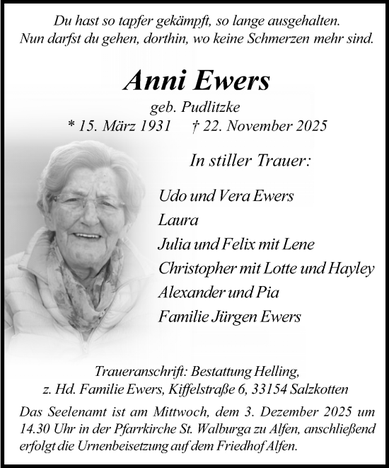Traueranzeige von Anni Ewers von Neue Westfälische und Westfalen-Blatt