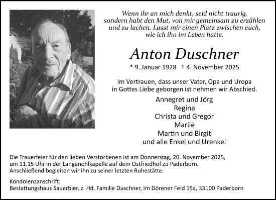 Traueranzeige von Anton Duschner von Neue Westfälische und Westfalen-Blatt