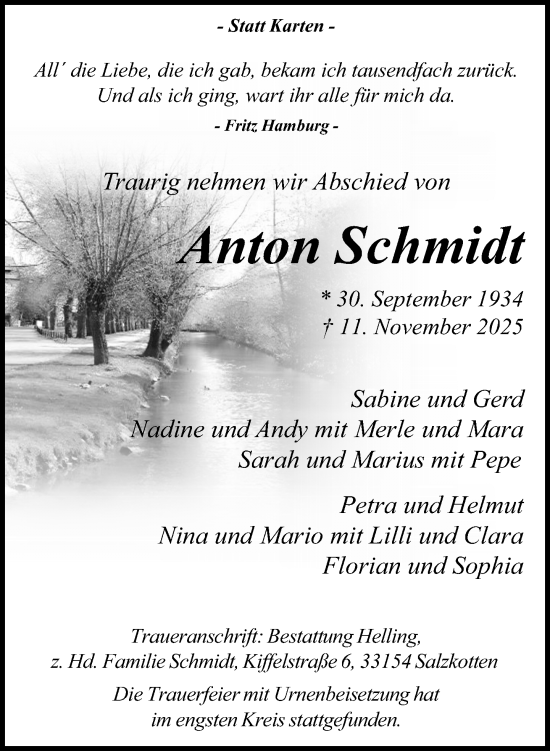 Traueranzeige von Anton Schmidt von Neue Westfälische und Westfalen-Blatt