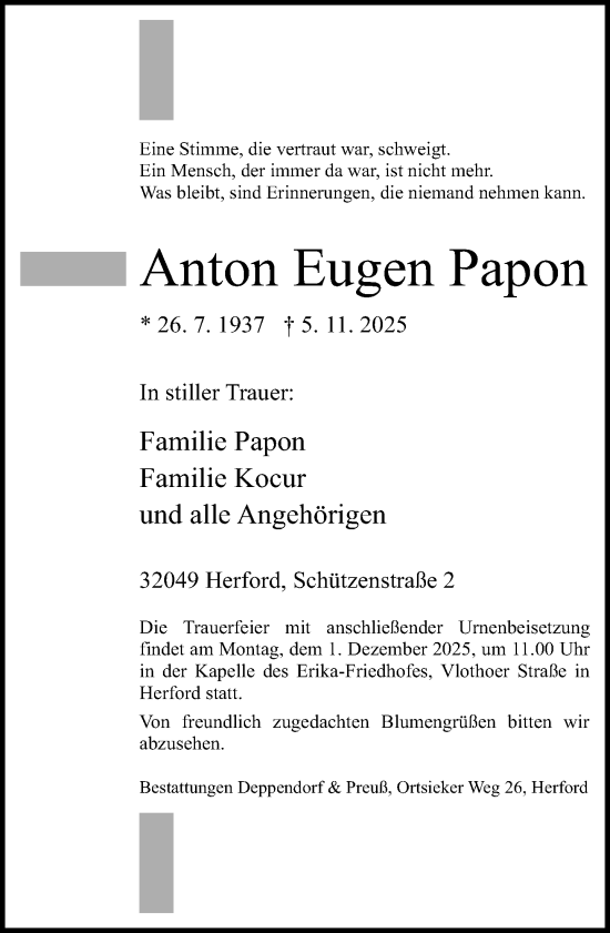 Traueranzeige von Anton Eugen Papon von Neue Westfälische und Westfalen-Blatt