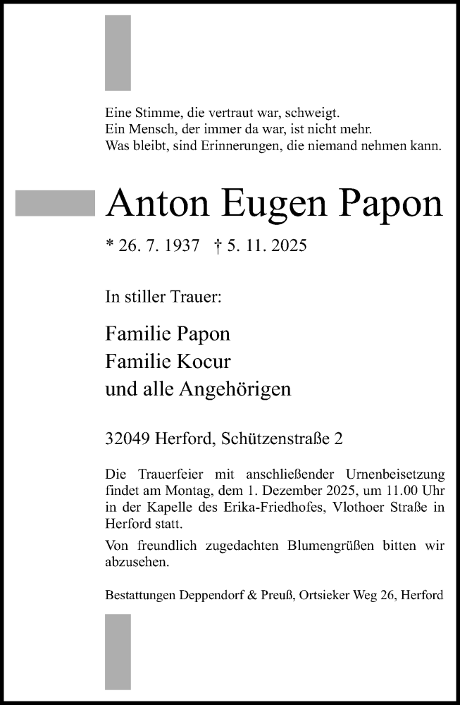  Traueranzeige für Anton Eugen Papon vom 22.11.2025 aus Neue Westfälische und Westfalen-Blatt