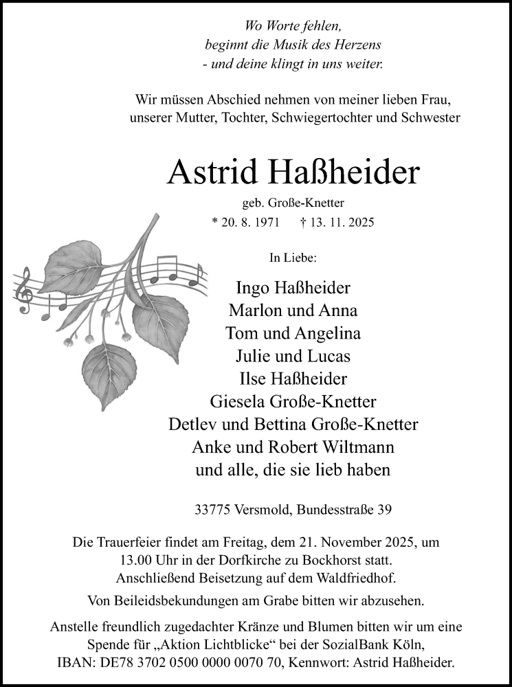  Traueranzeige für Astrid Haßheider vom 15.11.2025 aus Neue Westfälische und Westfalen-Blatt