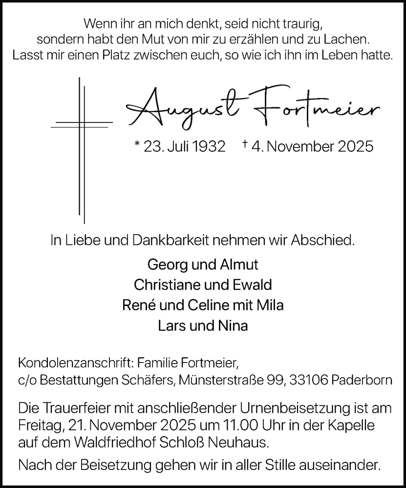  Traueranzeige für August Fortmeier vom 15.11.2025 aus Neue Westfälische und Westfalen-Blatt