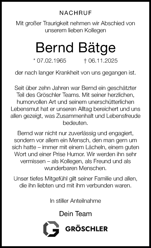  Traueranzeige für Bernd Bätge vom 15.11.2025 aus Neue Westfälische und Westfalen-Blatt