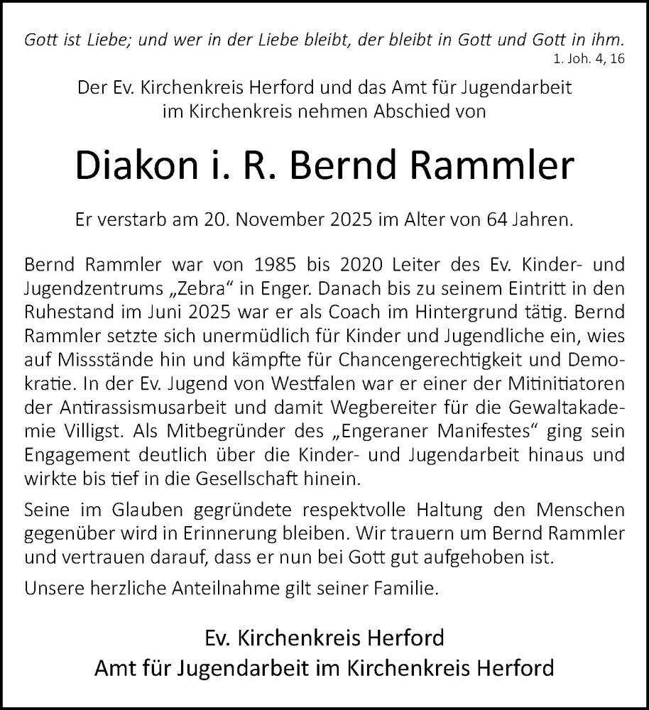  Traueranzeige für Bernd Rammler vom 29.11.2025 aus Neue Westfälische und Westfalen-Blatt