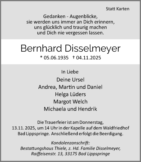 Traueranzeige von Bernhard Disselmeyer von Neue Westfälische und Westfalen-Blatt