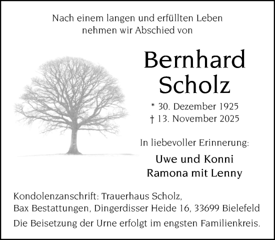 Traueranzeige von Bernhard Scholz von Neue Westfälische und Westfalen-Blatt