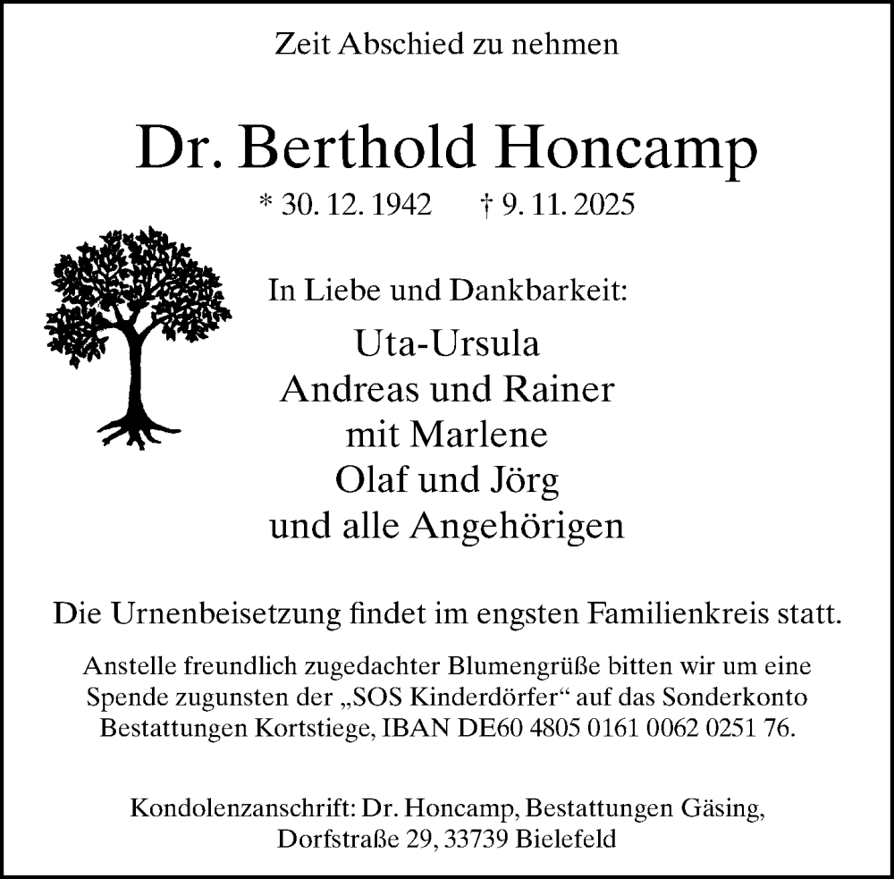  Traueranzeige für Berthold Honcamp vom 15.11.2025 aus Neue Westfälische und Westfalen-Blatt