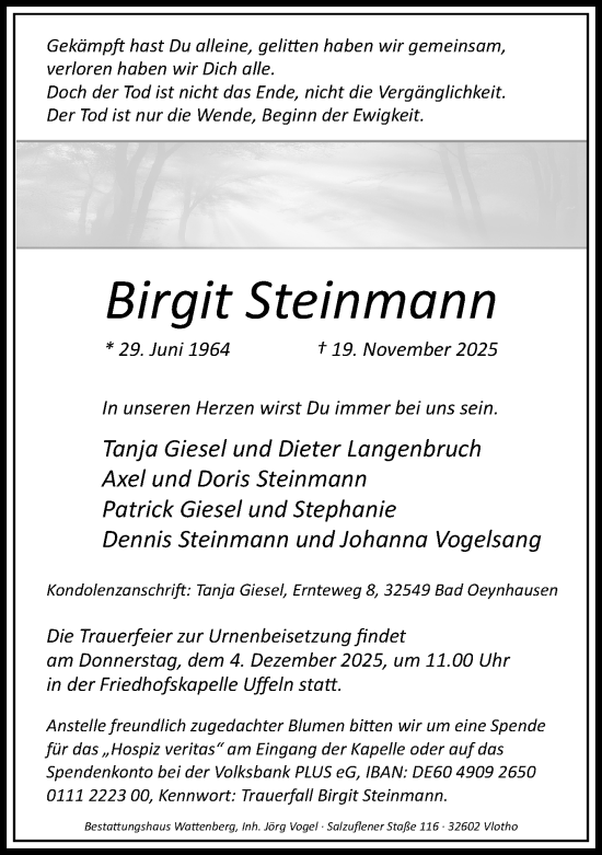 Traueranzeige von Birgit Steinmann von Neue Westfälische und Westfalen-Blatt