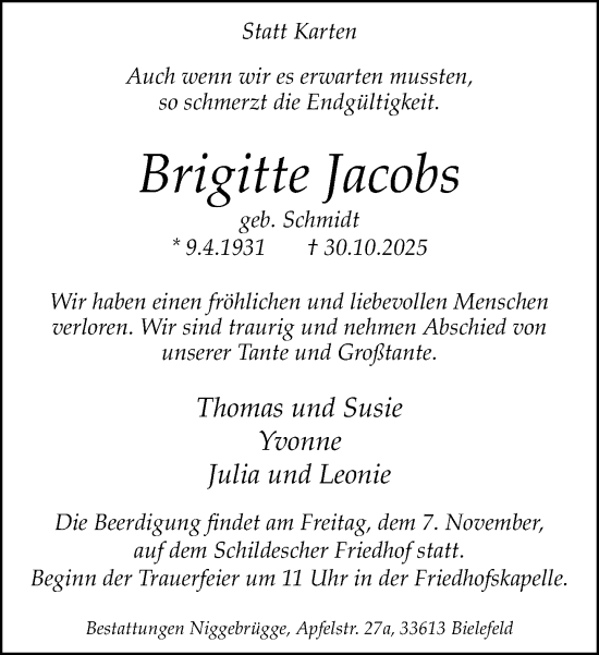 Traueranzeige von Brigitte Jacobs von Neue Westfälische und Westfalen-Blatt