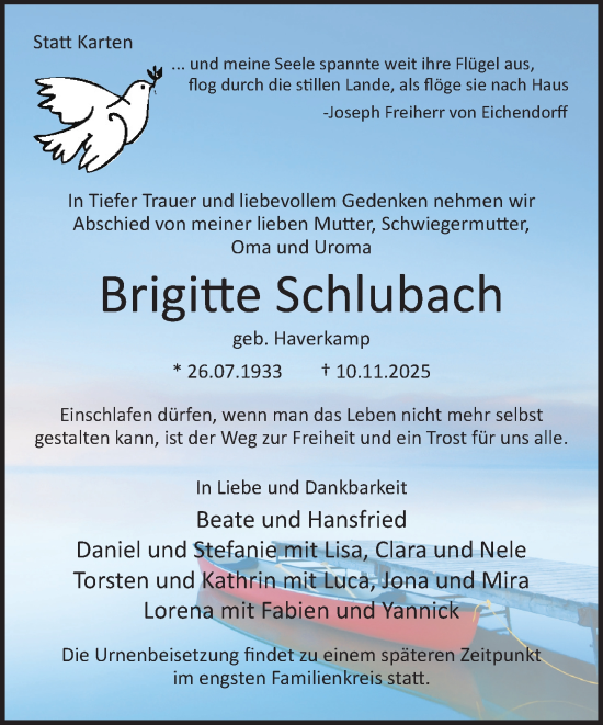 Traueranzeige von Brigitte Schlubach von Neue Westfälische und Westfalen-Blatt