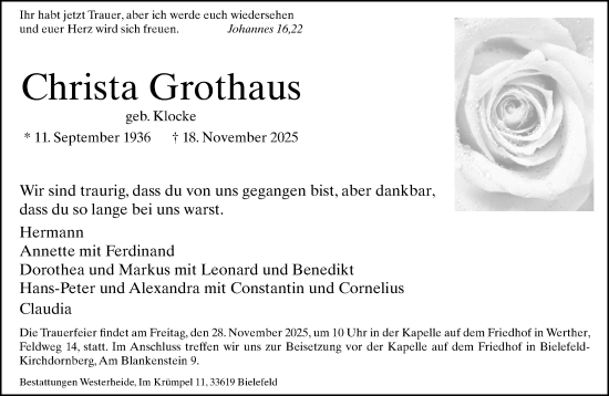 Traueranzeige von Christa Grothaus von Neue Westfälische und Westfalen-Blatt