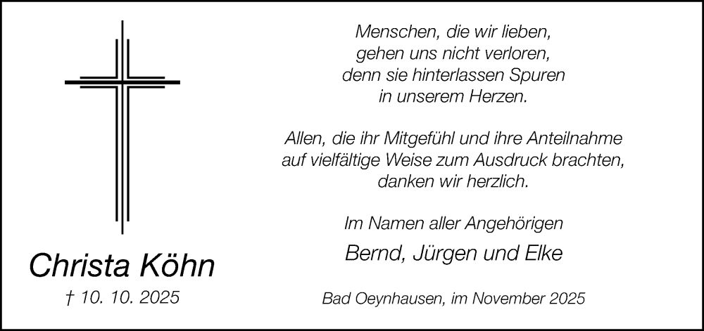  Traueranzeige für Christa Köhn vom 08.11.2025 aus Neue Westfälische und Westfalen-Blatt