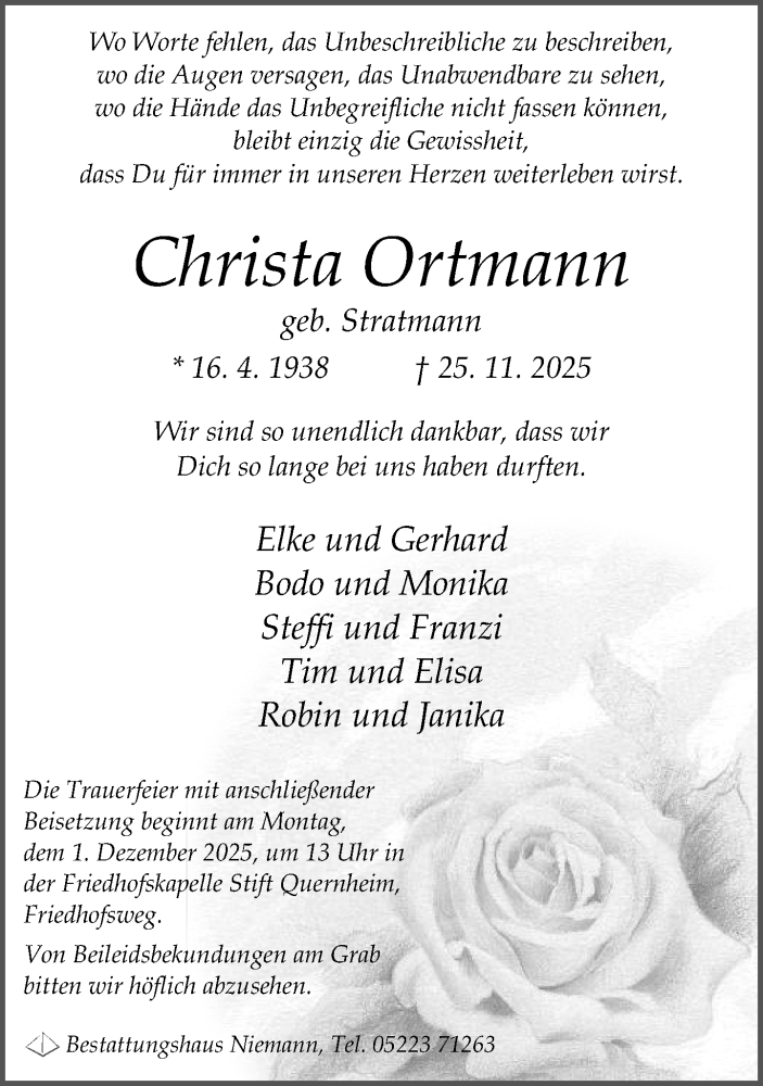  Traueranzeige für Christa Ortmann vom 29.11.2025 aus Neue Westfälische und Westfalen-Blatt