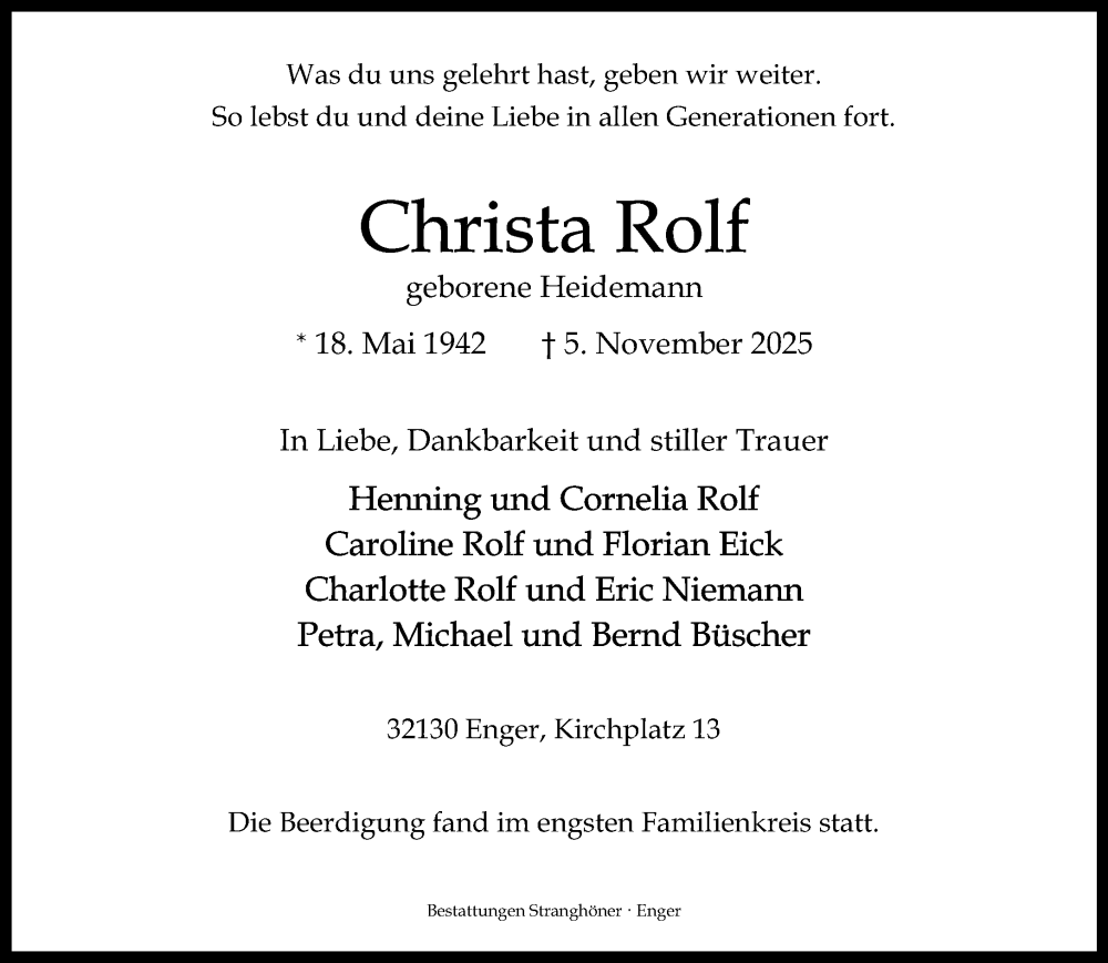  Traueranzeige für Christa Rolf vom 15.11.2025 aus Neue Westfälische und Westfalen-Blatt