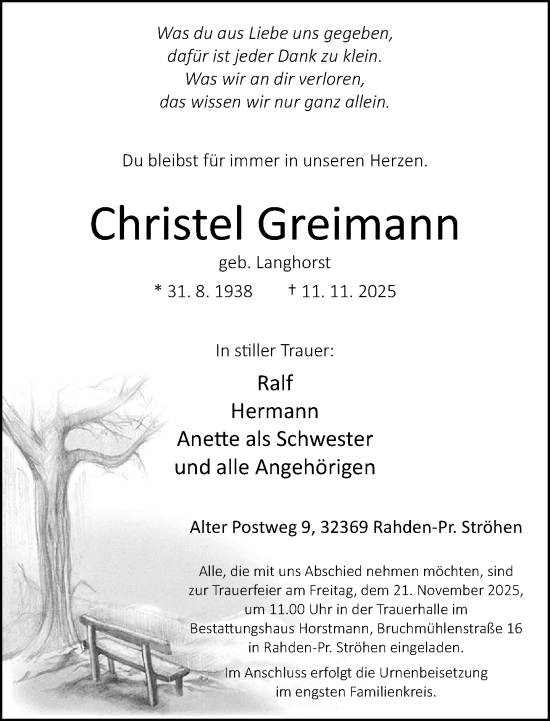 Traueranzeige von Christel Greimann von Neue Westfälische und Westfalen-Blatt