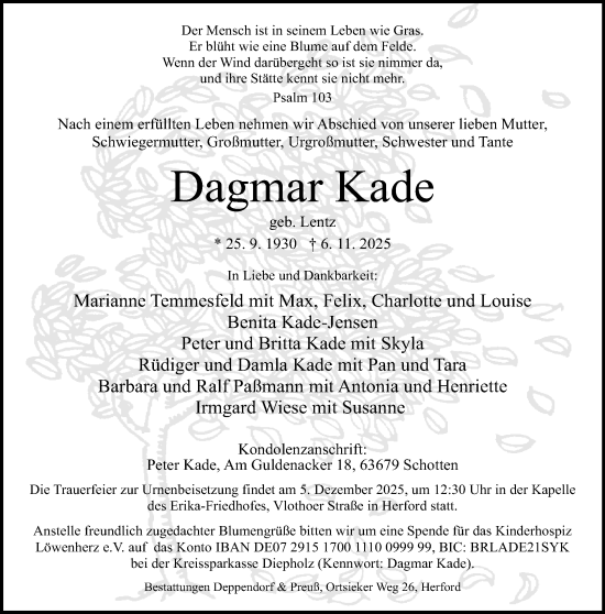 Traueranzeige von Dagmar Kade von Neue Westfälische und Westfalen-Blatt