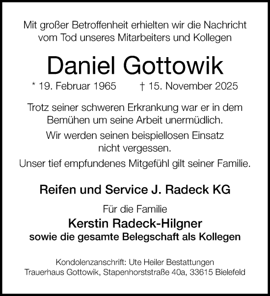 Traueranzeige von Daniel Gottowik von Neue Westfälische und Westfalen-Blatt