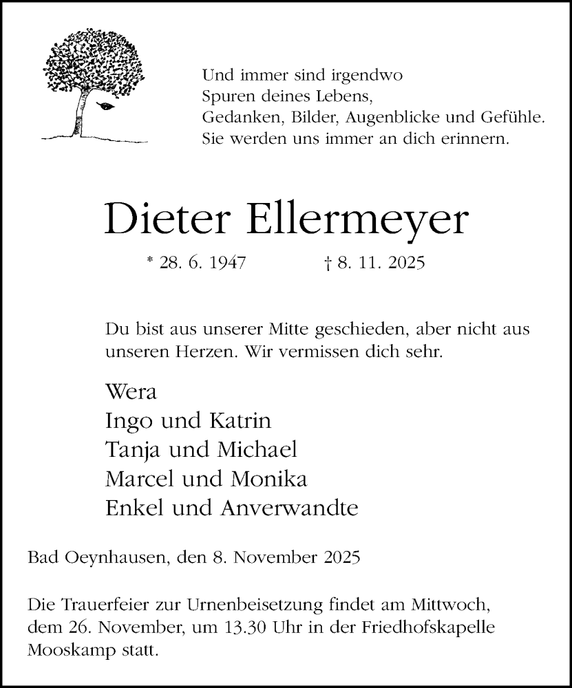  Traueranzeige für Dieter Ellermeyer vom 19.11.2025 aus Neue Westfälische und Westfalen-Blatt