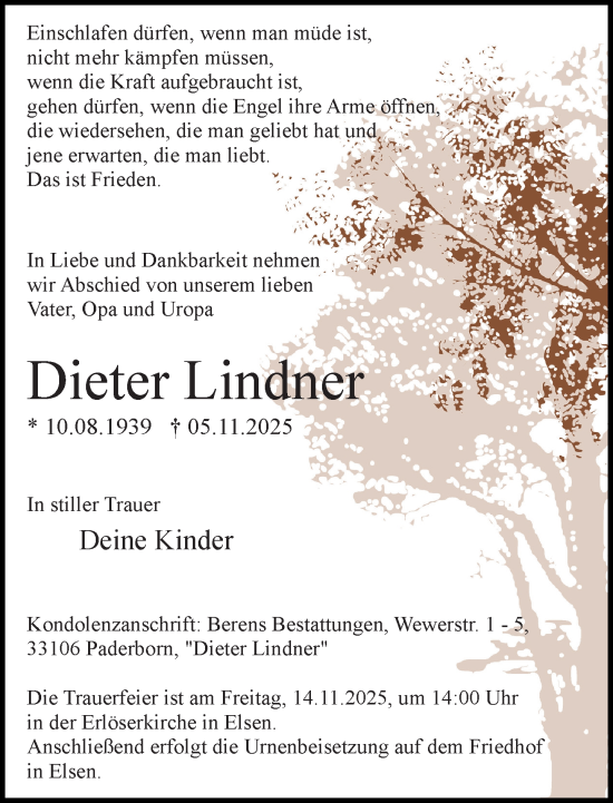 Traueranzeige von Dieter Lindner von Neue Westfälische und Westfalen-Blatt