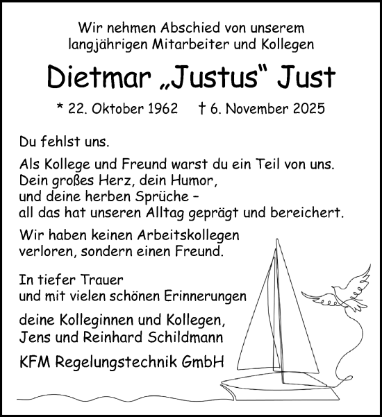 Traueranzeige von Dietmar Justus Just von Neue Westfälische und Westfalen-Blatt