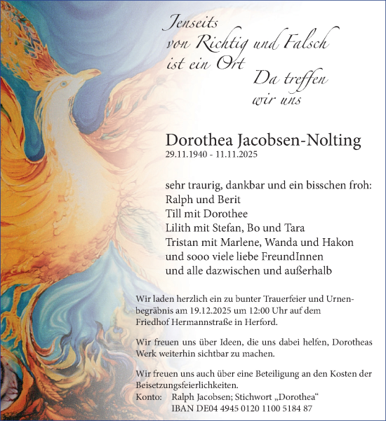 Traueranzeige von Dorothea Jacobsen-Nolting von Neue Westfälische und Westfalen-Blatt