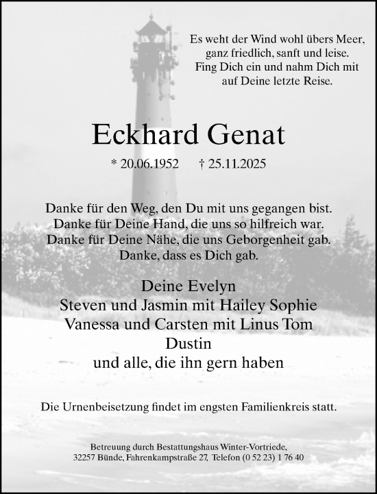 Traueranzeige von Eckhard Genat von Neue Westfälische und Westfalen-Blatt