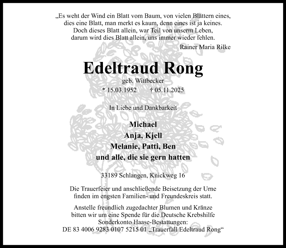  Traueranzeige für Edeltraud Rong vom 08.11.2025 aus Neue Westfälische und Westfalen-Blatt