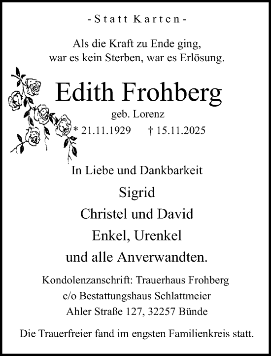 Traueranzeige von Edith Frohberg von Neue Westfälische und Westfalen-Blatt