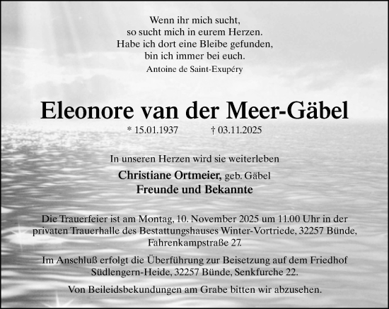 Traueranzeige von Eleonore van der Meer-Gäbel von Neue Westfälische und Westfalen-Blatt