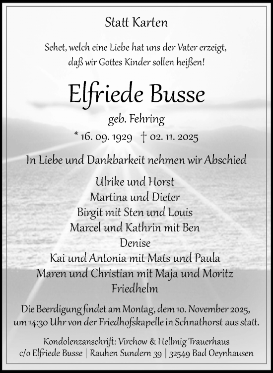 Traueranzeige von Elfriede Busse von Neue Westfälische und Westfalen-Blatt
