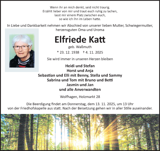 Traueranzeige von Elfriede Katt von Neue Westfälische und Westfalen-Blatt