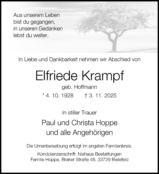 Traueranzeige von Elfriede Krampf von Neue Westfälische und Westfalen-Blatt