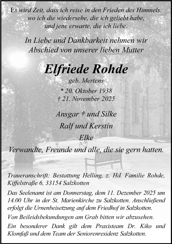 Traueranzeige von Elfriede Rohde von Neue Westfälische und Westfalen-Blatt