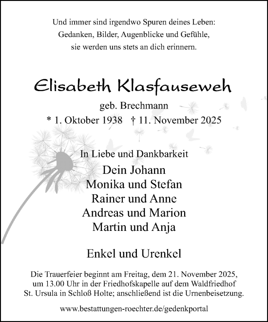 Traueranzeige von Elisabeth Klasfauseweh von Neue Westfälische und Westfalen-Blatt