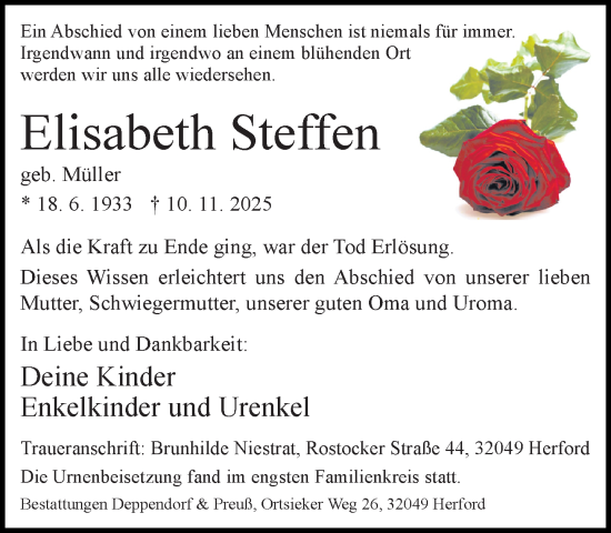 Traueranzeige von Elisabeth Steffen von Neue Westfälische und Westfalen-Blatt