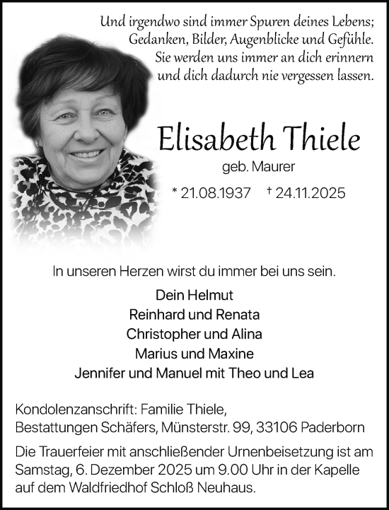 Traueranzeige von Elisabeth Thiele von Neue Westfälische und Westfalen-Blatt