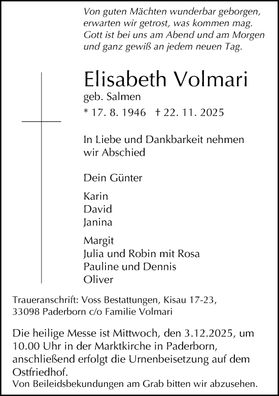 Traueranzeige von Elisabeth Volmari von Neue Westfälische und Westfalen-Blatt