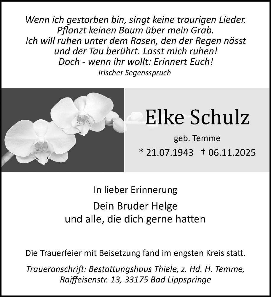  Traueranzeige für Elke Schulz vom 15.11.2025 aus Neue Westfälische und Westfalen-Blatt