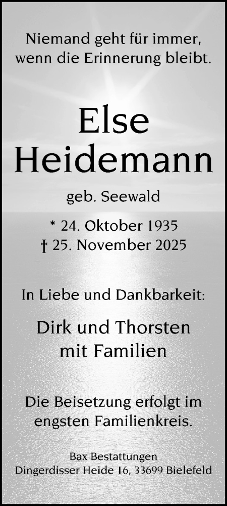 Traueranzeige von Else Heidemann von Neue Westfälische und Westfalen-Blatt