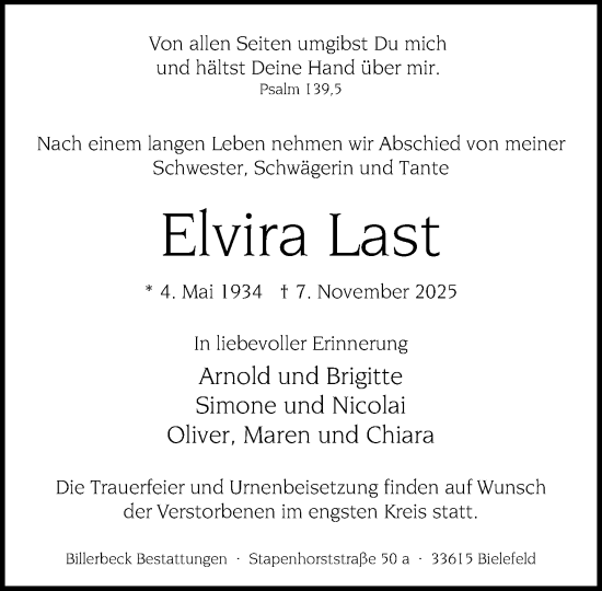 Traueranzeige von Elvira Last von Neue Westfälische und Westfalen-Blatt