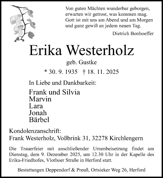 Traueranzeige von Erika Westerholz von Neue Westfälische und Westfalen-Blatt