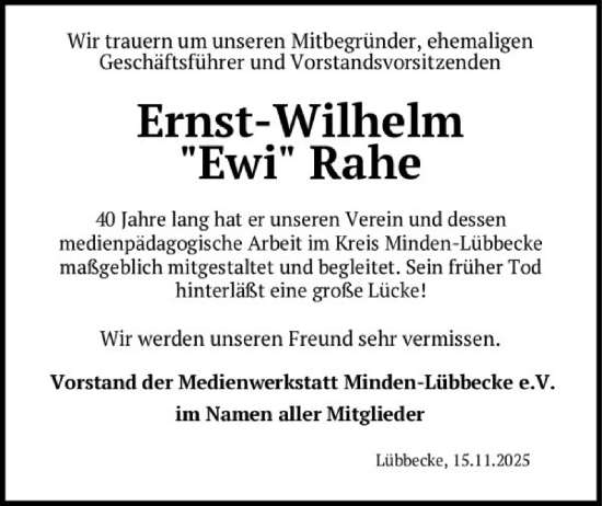 Traueranzeige von Ernst-Wilhelm Rahe von Neue Westfälische und Westfalen-Blatt