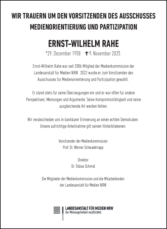 Traueranzeige von Ernst-Wilhelm Rahe von Neue Westfälische und Westfalen-Blatt